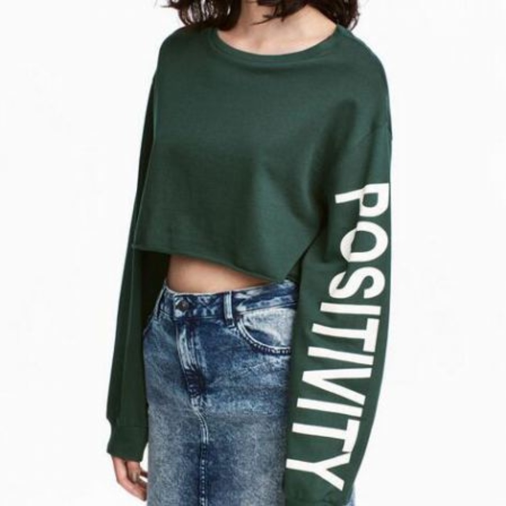 H&M Women's Green Long-sleeved Crop Top Size S
